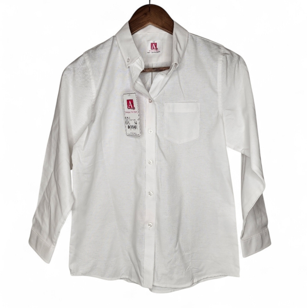 A+ Button Down Collar Long Sleeve Oxford School Uniform Blouse in White